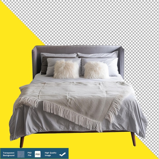 PSD front view of upholstered trendy bed with fluffy background transparent background png psd