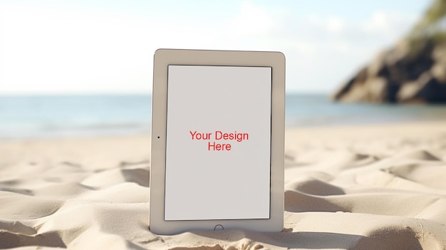 Front view van hand met witte tablet mockup ebook op het strand PSD