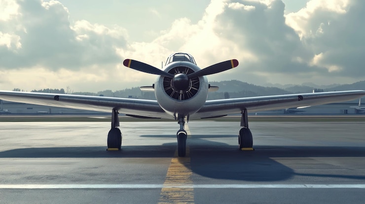 PSD front view of a vintage aircraft on the runway