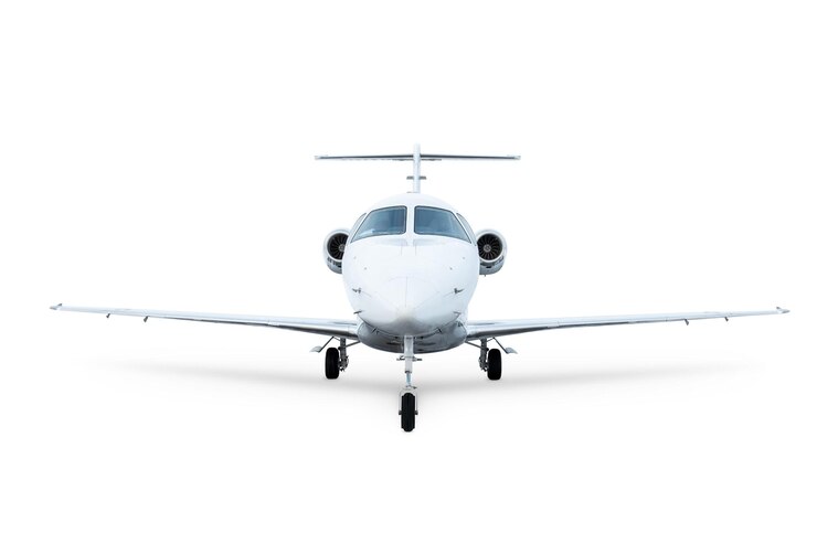 PSD front view of the white modern executive aircraft isolated