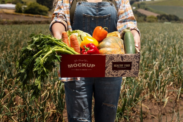 PSD front view woman  holding a box in nature