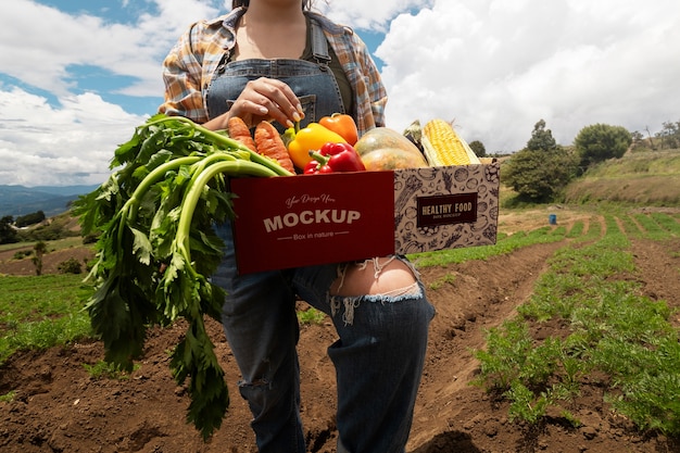 PSD front view woman  holding a box in nature