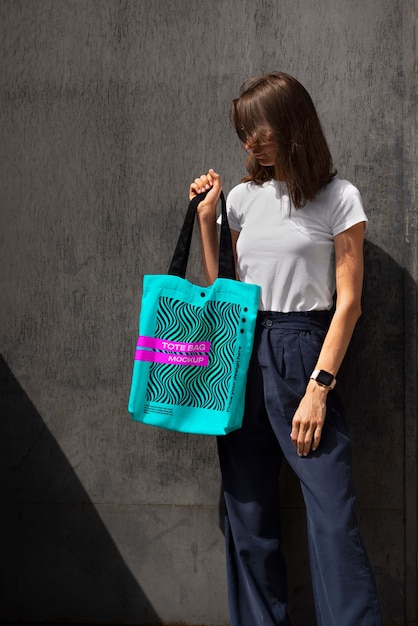 PSD front view woman posing with tote bag