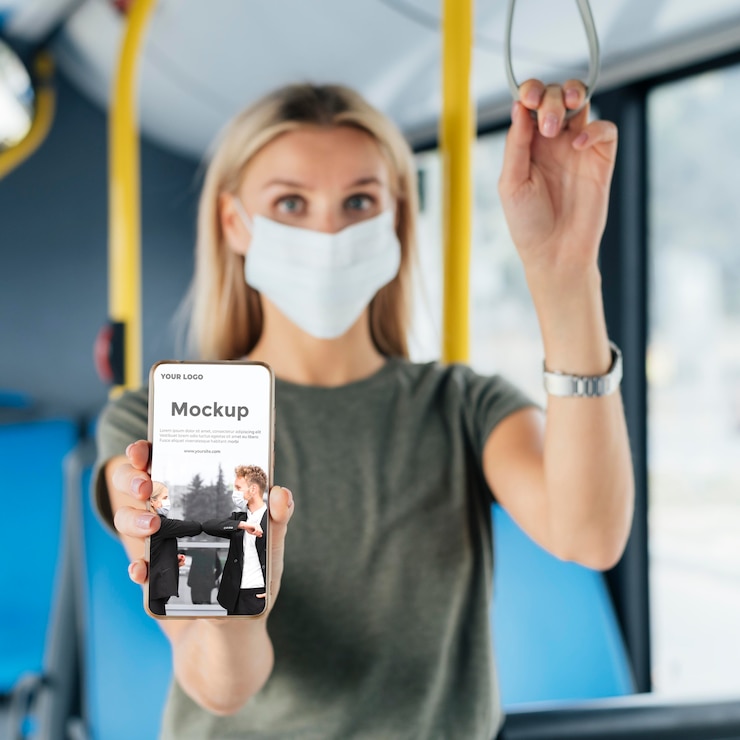 PSD front view of woman with medical mask in the bus holding up smartphone