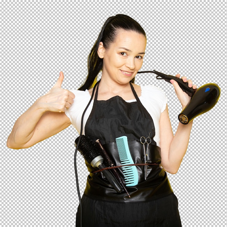 PSD a front view young female hairdresser in white tshirt black cape holding hairdryer smiling posing