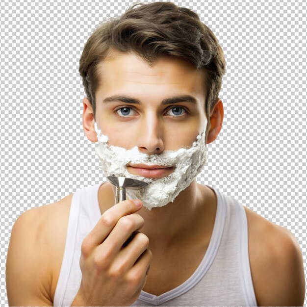 PSD front view young male shaving his face with razor on transparent background