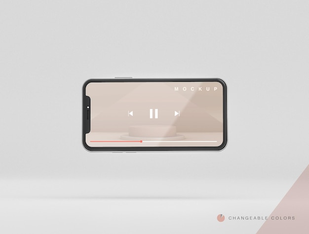 PSD frontale minimale 3d-gedraaide telefoon met zwevende video-interface mockup