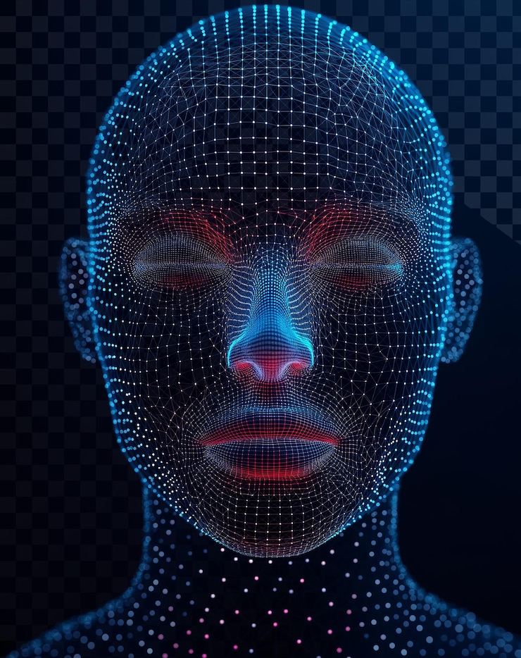 PSD frontfacing head made of dots and lines with facial biometric scanner on transparent background