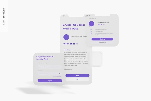 PSD frosted glass ui screens mockup, floating