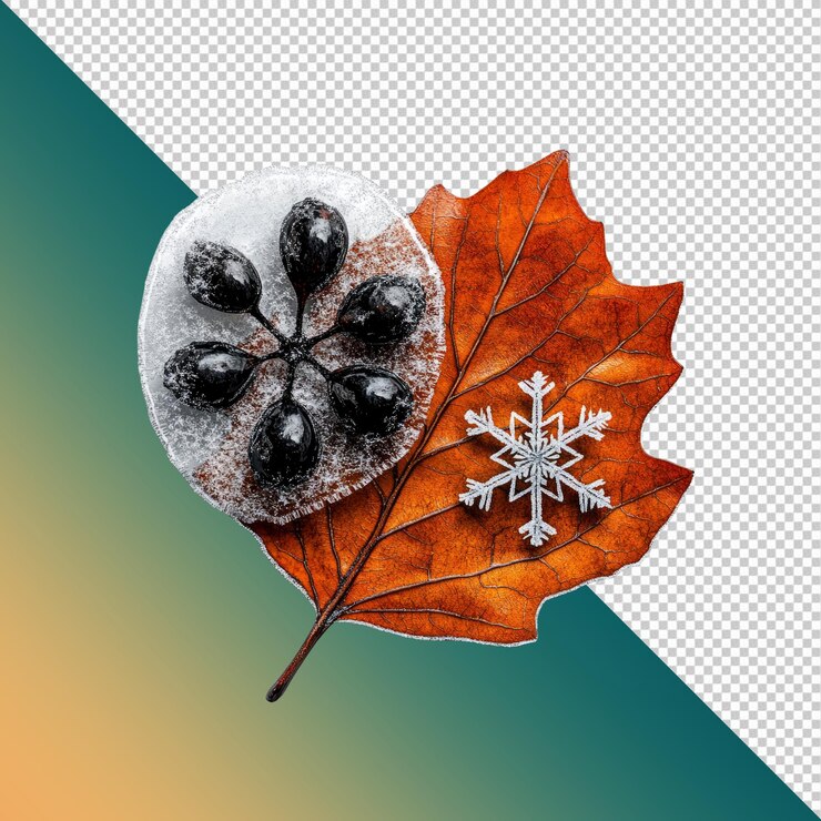 PSD 凍結的果和秋葉,以及雪花的季節變化