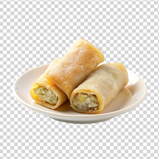 PSD frozen egg rolls on white plate isolated on transparent background