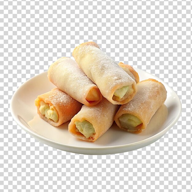 PSD frozen egg rolls on white plate isolated on transparent background