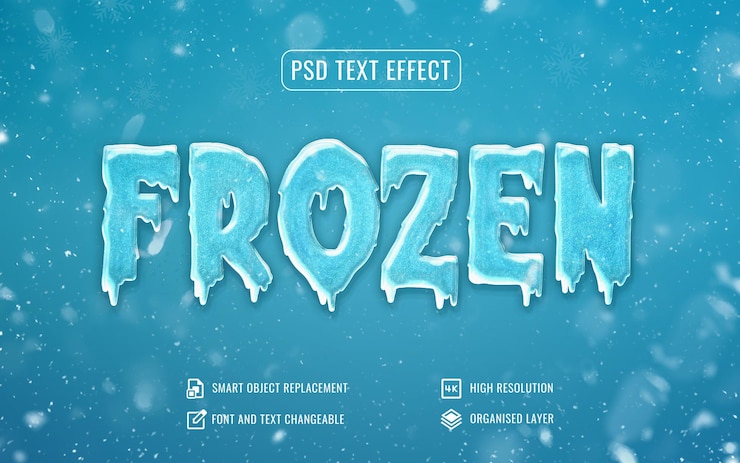 PSD frozen ice text effect with snowfall background