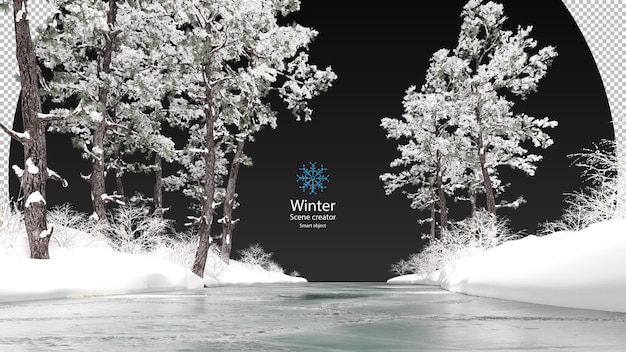 PSD frozen lake surrounded by snow covered trees on a bright winter various winter trees design isolated  clipping path