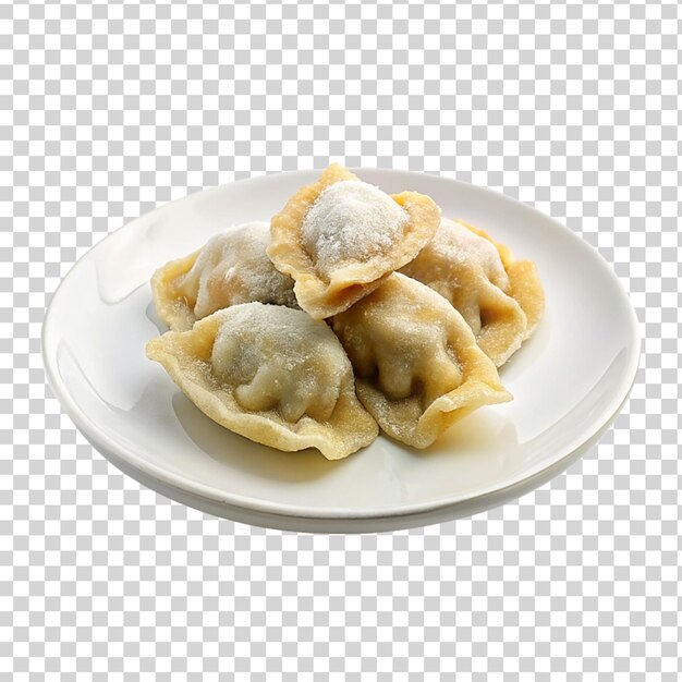 Frozen pot stickers on white plate isolated on transparent background