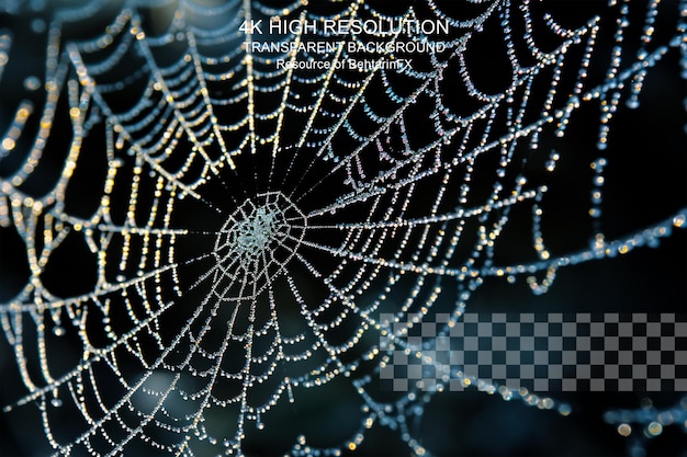 Frozen spider web covered with small ice crystals on transparent background
