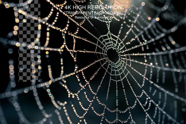 Frozen spider web covered with small ice crystals on transparent background