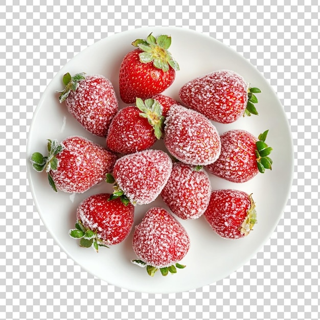 Frozen strawberries on white plate isolated on transparent background