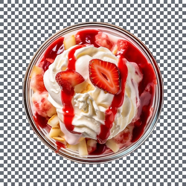 Frozen strawberry sundae in glass bowl top view isolated on transparent background