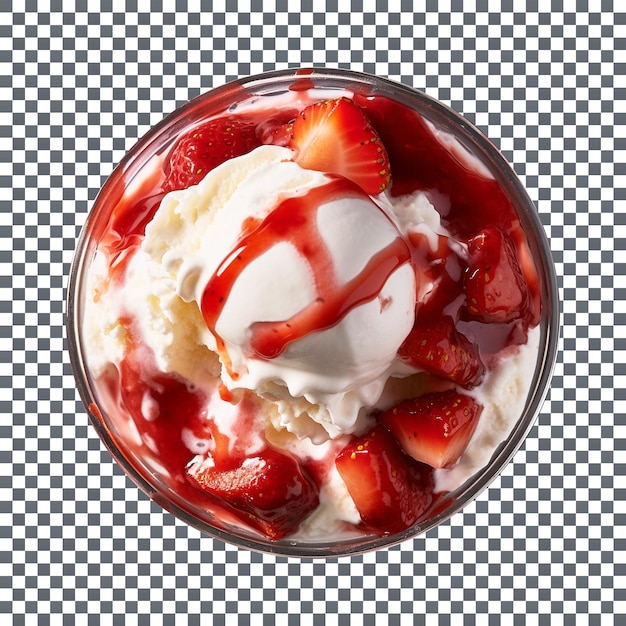 Frozen strawberry sundae in glass bowl top view isolated on transparent background