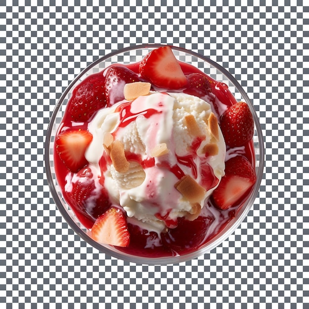 Frozen strawberry sundae in glass bowl top view isolated on transparent background