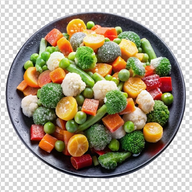 PSD 白い背景に隔離された黒い皿の冷凍野菜