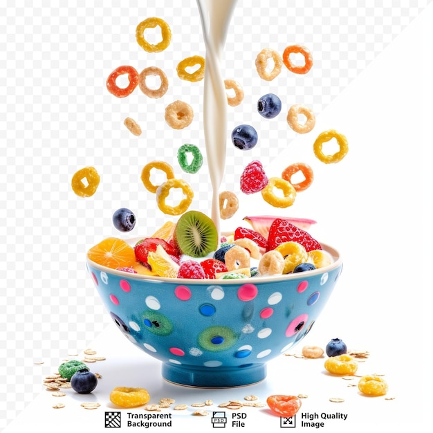 PSD fruit cereal and pouring milk loops colorful in bowl isolated on white isolated background