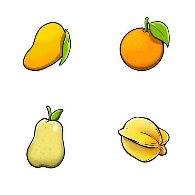 PSD fruit collection drawing of mango orange pear and starfruit