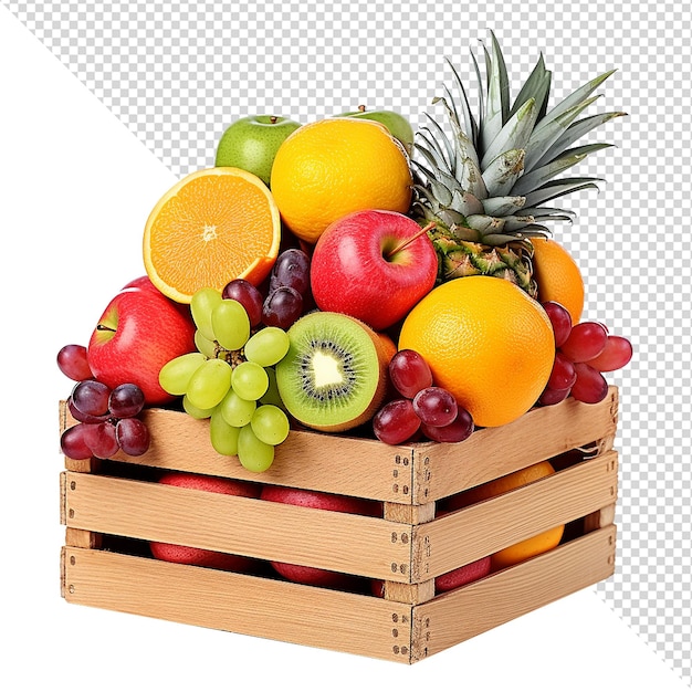 PSD fruit in een houten doos geïsoleerd op een doorzichtige achtergrond png