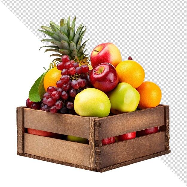 Fruit in een houten doos geïsoleerd op een doorzichtige achtergrond png