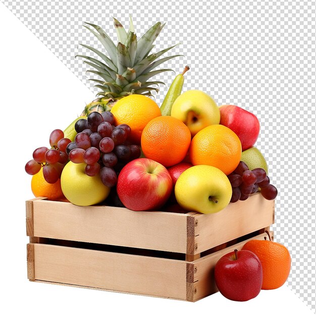 PSD fruit in een houten doos geïsoleerd op een doorzichtige achtergrond png