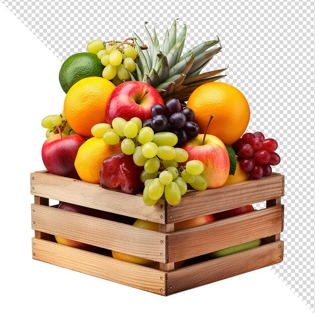 PSD fruit in een houten doos geïsoleerd op een doorzichtige achtergrond png