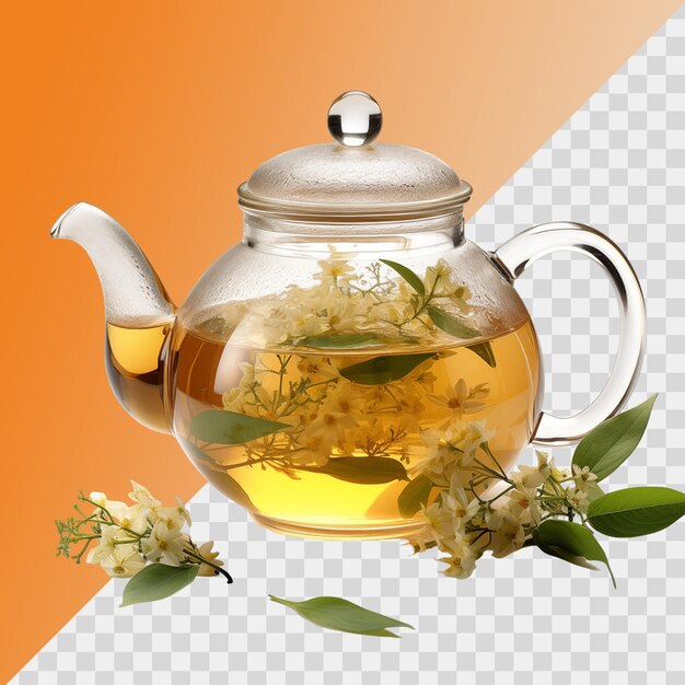 Fruit infused water in a teapot with dried flowers side view on plaster and grey surface