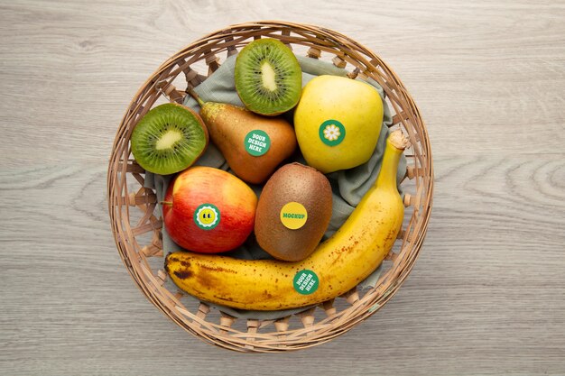 PSD fruits arrangement with sticker mockup