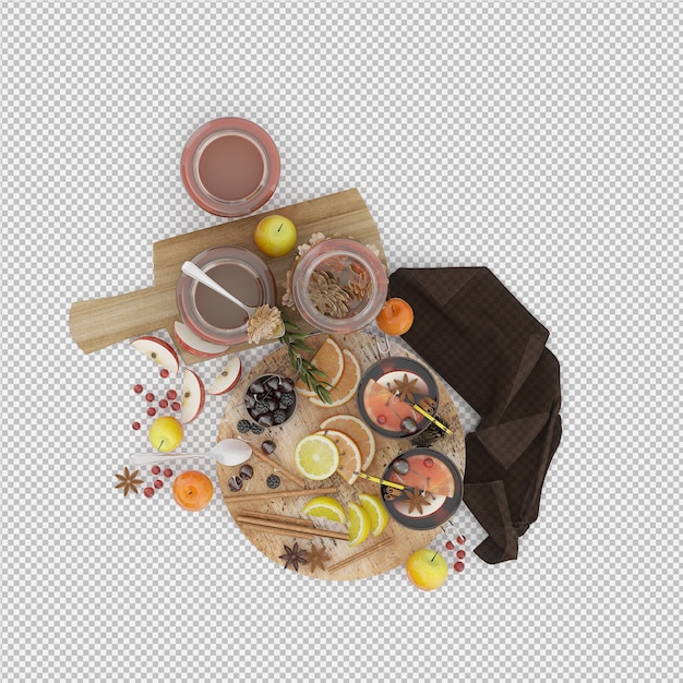 Fruits on cutting board and honey 3d render