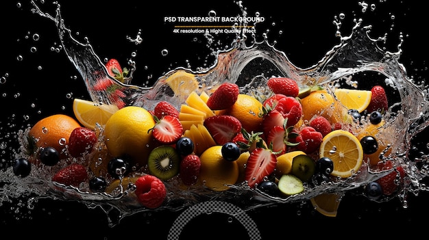 Fruits falling in water splash isolated on black background