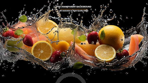 PSD fruits falling in water splash isolated on black background