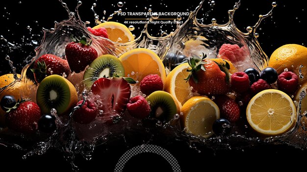 PSD fruits falling in water splash isolated on black background