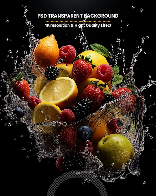 PSD fruits falling in water splash isolated on transparent background