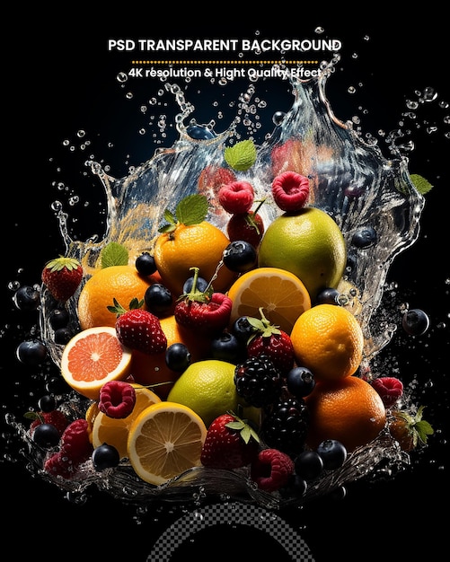 PSD fruits falling in water splash isolated on transparent background