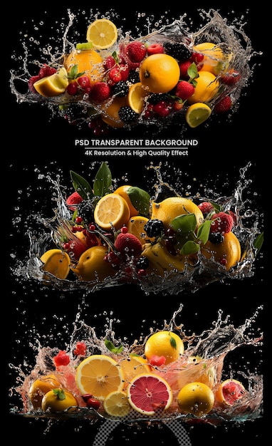 PSD fruits falling in water splash isolated on transpatent background