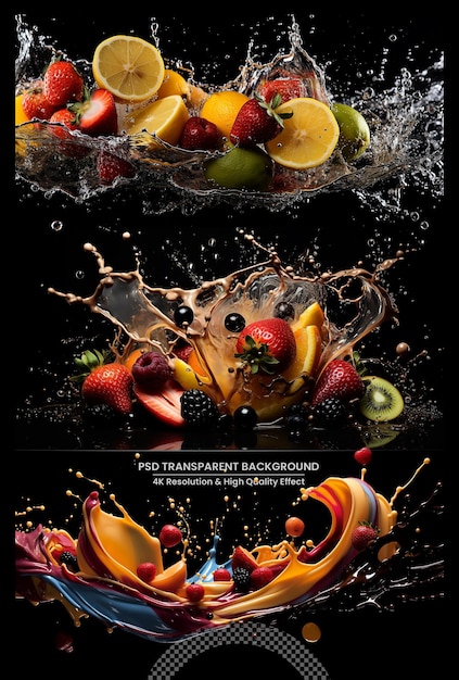 PSD fruits falling in water splash isolated on transpatent background