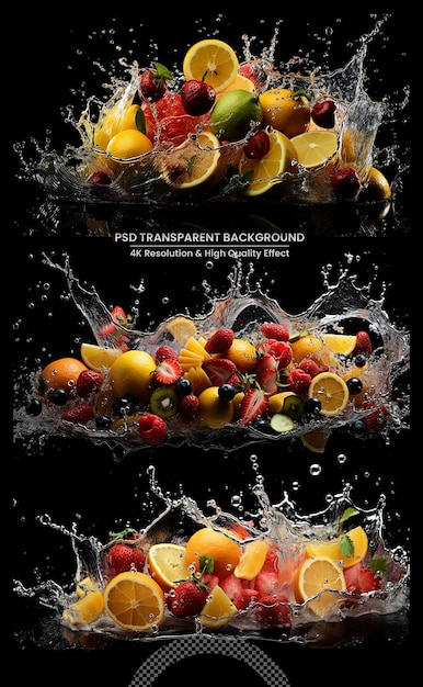 PSD fruits falling in water splash isolated on transpatent background