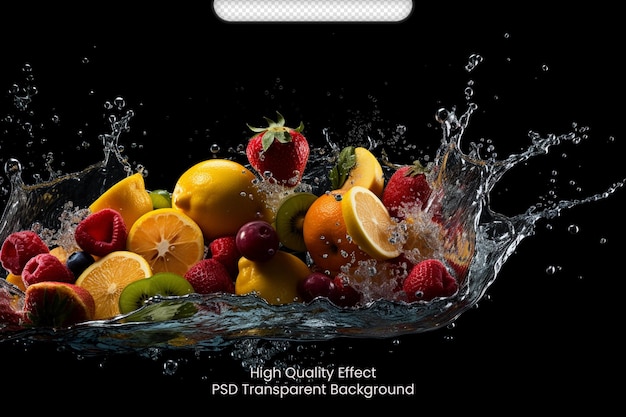 PSD fruits falling in water splash transparent background