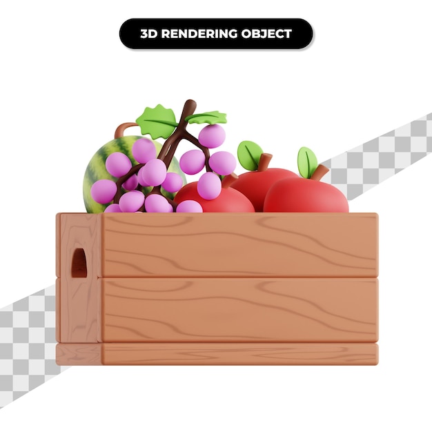 Фрукты в деревянной коробке 3d иллюстрация значок