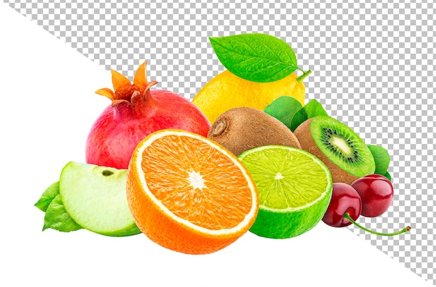 Frutti isolati su sfondo bianco, frutta fresca e sana e bacche