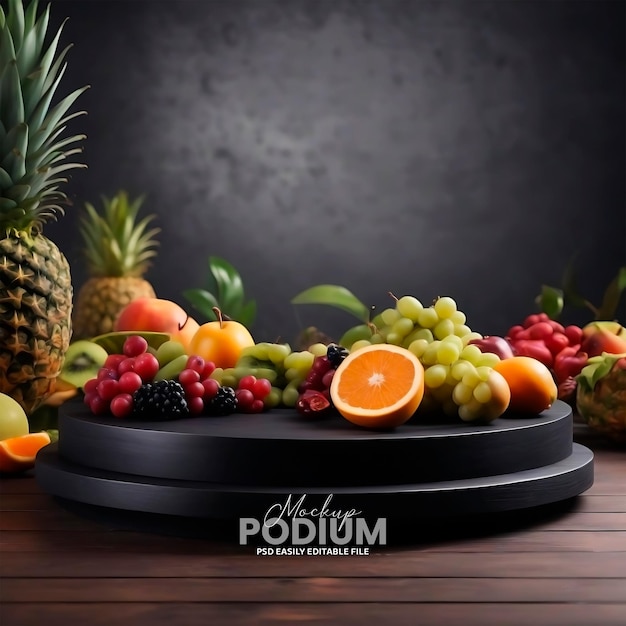 PSD fruits presentation podium black round in studio environment