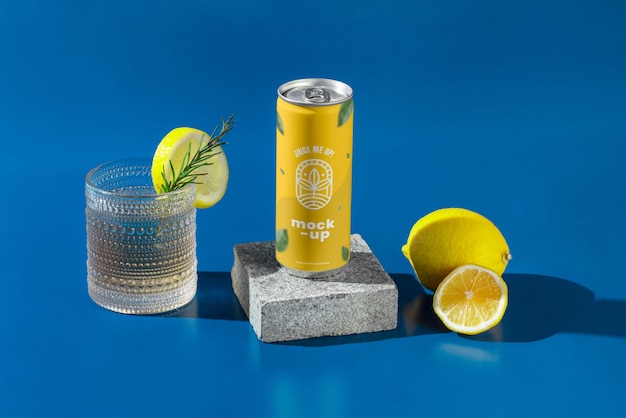 Fruity drink can mock-up with clear glass