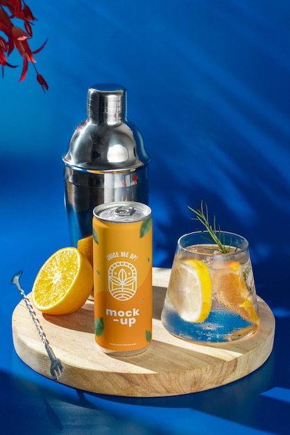 PSD fruity drink can mock-up with clear glass