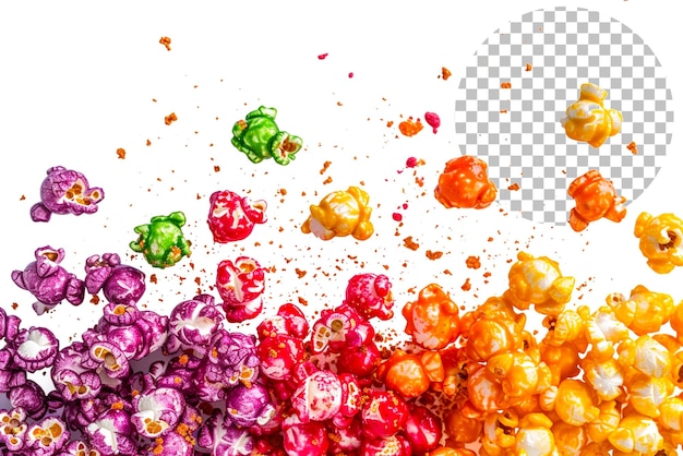 PSD fruity popcorn fiesta popcorn coated in a fruity glaze on transparent background